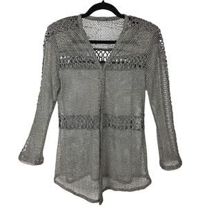Vintage Silver Grey Open Knit Duster Cardigan with Shoulder Pads - Medium